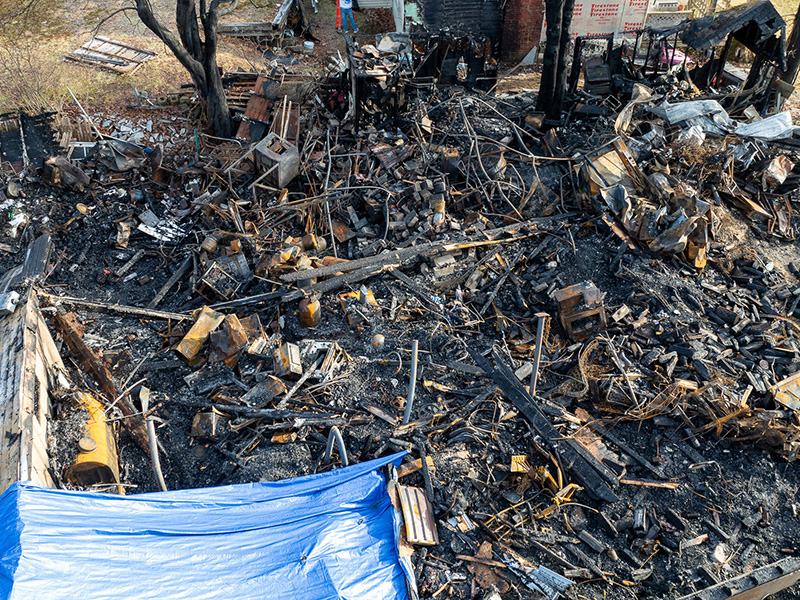 aerial imagery of a fire-damaged home